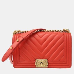 Chanel Red Leather Chevron Boy Bag Medium