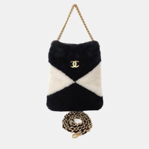 Chanel Beige Black Fur shearling tote and shoulder bag
