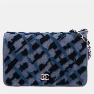 Chanel Navy Blue Denim and Velvet Wallet On Chain