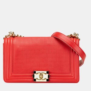 luxury-women-chanel-used-handbags-p1148426-002 Chanel Red Old Medium Lambskin Embossed Cube Boy Flap