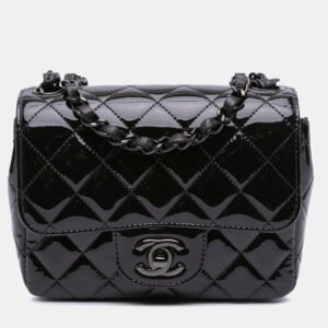 Chanel Black Mini Square Classic Patent So Black Single Flap