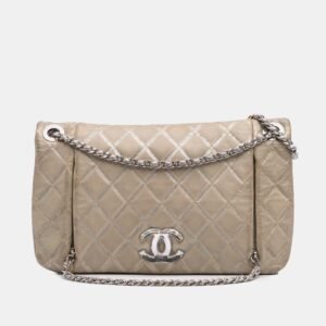 Chanel Beige Quilted Metallic Distressed Lambskin CC Crystal Flap