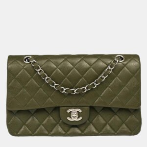 Chanel Green Calfskin Medium Classic Double Flap Shoulder Bag