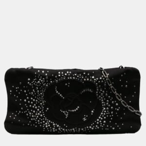 Chanel Black Satin Diamante Camellia Clutch with Chain