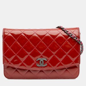 Chanel Red Quilted Patent Brilliant Wallet On Chain