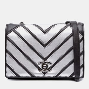 Chanel Black/Silver Lambskin  Small Chevron Couture Flap