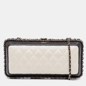Chanel Black/White Lambskin Quilted Chain Around Clutch