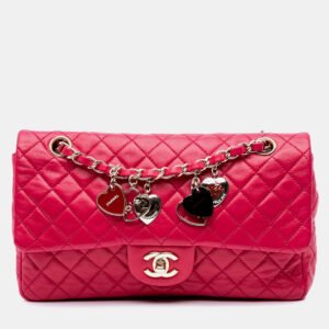 Chanel Pink Classic Lambskin Medium Valentines Heart Charms Single Flap