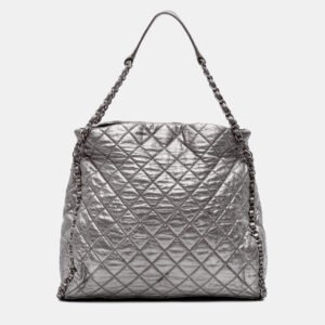 Chanel Silver Large Quilted Metallic Calfskin Chain Me Hobo