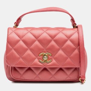 Chanel Pink Quilted Metallic Calfskin Top Handle Flap