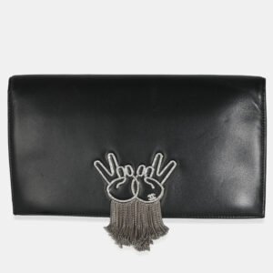 Chanel Black Lambskin Crystal Peace Sign Emoji Fold Over Clutch
