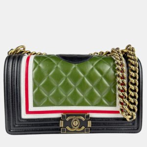 luxury-women-chanel-used-handbags-p1150652-001 Chanel Green Black Leather Boy Chain Shoulder Bag