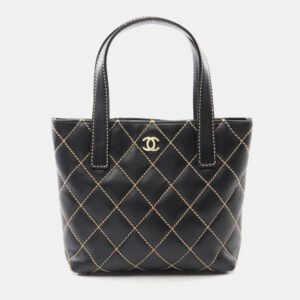 Chanel Black Leather Wild Stitch Tote Hand Bag
