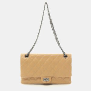 luxury-women-chanel-used-handbags-p1151239-005 Chanel Beige Leather 2.55 Matelasse W Flap Chain Shoulder Bag