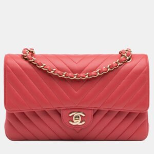 luxury-women-chanel-used-handbags-p1151539-004 Chanel Red Lambskin Classic Chevron Medium Double Flap