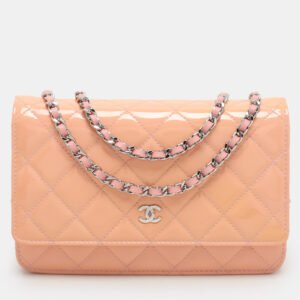 Chanel Pink Quilted Patent Leather CC Wallet On Chain