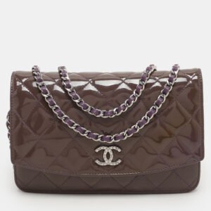 chanel purple quilted patent leather cc wallet on chain