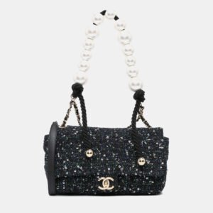 Chanel Navy Blue Medium Tweed Pearl Handle Flap