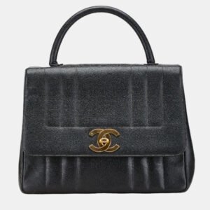 Chanel Black Leather Vertical Quilt Top Handle Bag