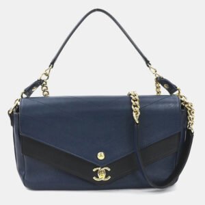 luxury-women-chanel-used-handbags-p1153656-001 Chanel Blue/Black Quilted Lambskin Leather Small Double Chevron Flap Bag