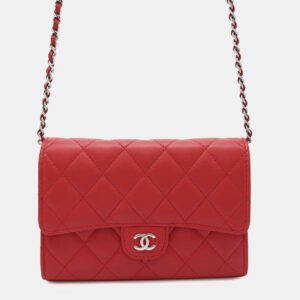 Chanel Red Lambskin Quilted Wallet On Chain