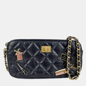 Chanel Black Embroidery Leather 2.55 Chain Wallet