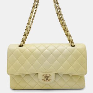 Chanel Matelasse Double Flap Chain shoulder Bag Metalic yellow Calf Leather Size 25