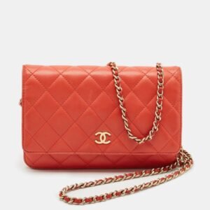 Chanel Orange Quilted Leather CC Wallet On Chain