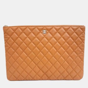 Chanel Orange Leather Caviar Large Clutch
