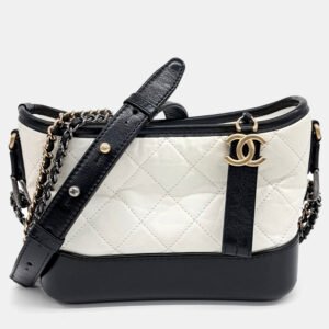 Chanel Black White Leather Gabrielle Hobo Bag Small