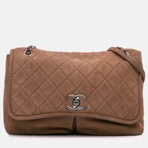 luxury-women-chanel-used-handbags-p1154925-012 Chanel Brown Large Quilted Nubuck Natural Beauty Split Pocket Flap