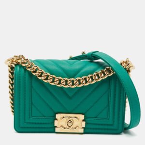 luxury-women-chanel-used-handbags-p1156117-009 Chanel Green Chevron Leather Small Boy Flap Bag
