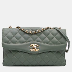 luxury-women-chanel-used-handbags-p1156278-002 Chanel Green Large Quilted Lambskin Daily Companion Flap