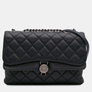 luxury-women-chanel-used-handbags-p1156334-001 Chanel Black Small Quilted Grained Calfskin CC Round Clasp Accordion Flap