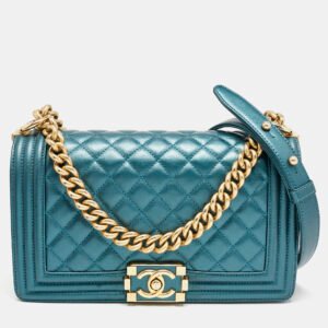 luxury-women-chanel-used-handbags-p1156471-003 Chanel Metallic Green Quilted Leather Medium Boy Flap Bag