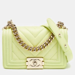 luxury-women-chanel-used-handbags-p1156493-009 Chanel Yellow Green Chevron Leather Small Boy Flap Bag