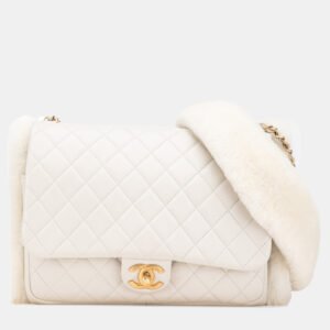 luxury-women-chanel-used-handbags-p1156611-002 Chanel White Quilted Lambskin and Shearling CC Muff Flap