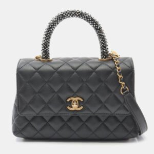 Chanel Black Lambskin Leather Top Handle Flap Bag
