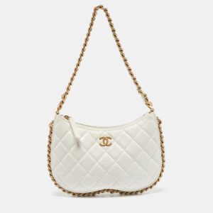chanel white quilted leather cc chain around hobo