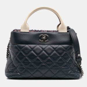 Chanel Navy Blue Small Quilted Calfskin and Tweed Top Handle Tote
