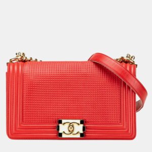 Chanel Red Leather Boy Waffle Chain Shoulder Bag