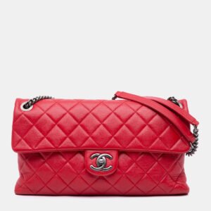 Chanel Red Large Quilted Shiny Lambskin Burgundy Rocks Flap