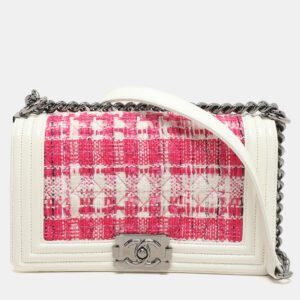 Chanel White/Pink Patent and Tweed Medium Boy Flap Bag