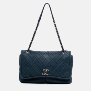 Chanel Navy Blue Large Quilted Nubuck Natural Beauty Split Pocket Flap