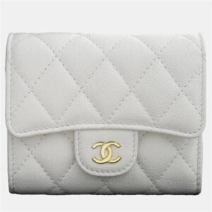 Chanel White Matelasse Caviar Skin Small Coco Mark Tri-Fold Wallet