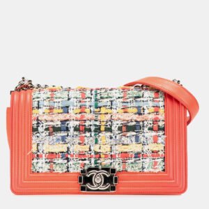 luxury-women-chanel-used-handbags-p1159003-007 Chanel Orange Medium Tweed and Lambskin Boy Flap