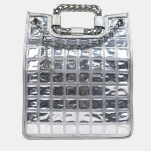 Chanel Silver Vinyl and Leather Ice Cube Tote Bag