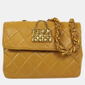 Chanel Bag Motif Quilted Chain Mini Shoulder Bag Beige Lambskin