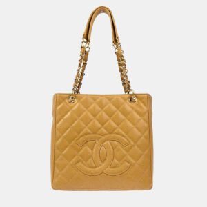 Chanel Beige Calfskin Petite Shopping Tote Handbag