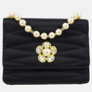 Chanel Black Rhinestone Artificial Pearl Chain Straight Flap Bag